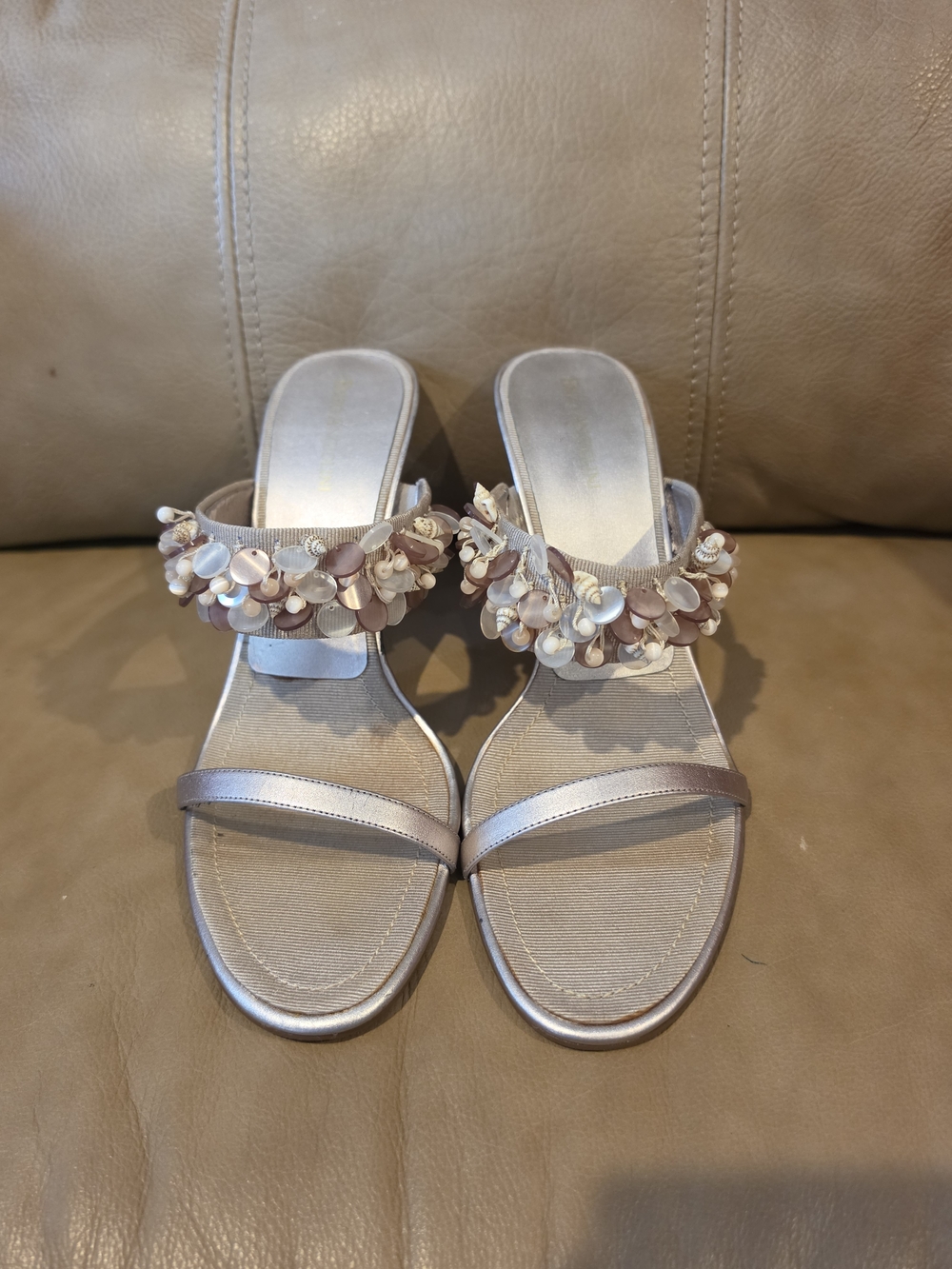 Enzo Angiolini Metallic Champagne Slide Sandals with Floral Appliqué
